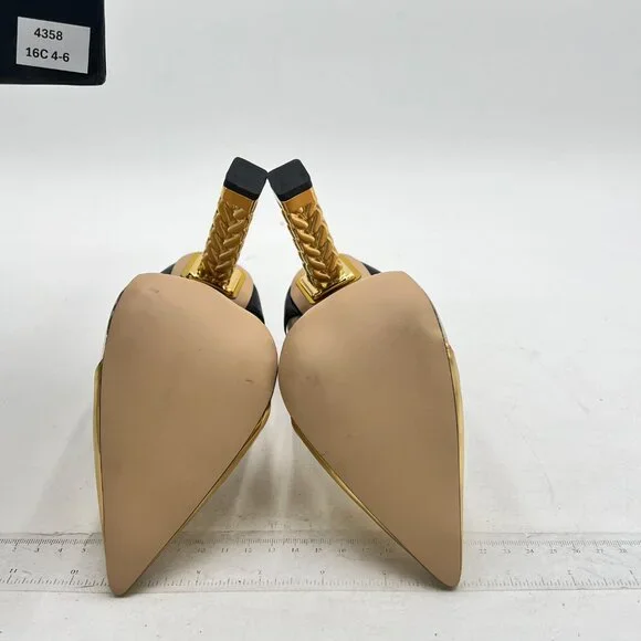 FSJ Gold Clear Gold Metal Chain Chunky High Heel Pointed Toe Slip On Pumps - Picture 7 of 8